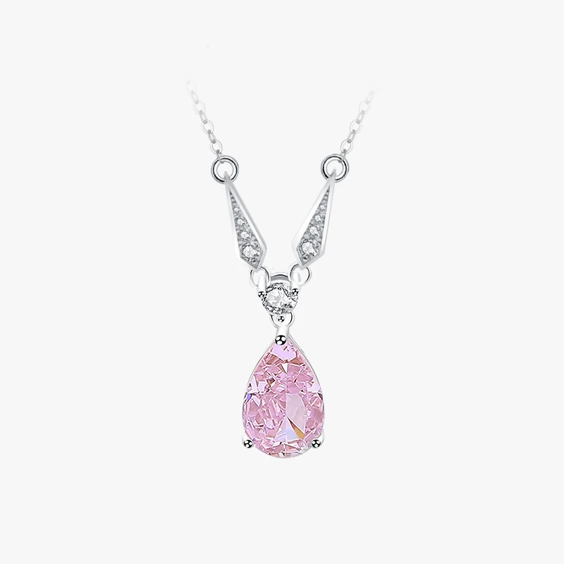 Daidan Sterling Silver Iced Out Teardrop Pink Stone Zirconia Elegant Water Drop Necklaces