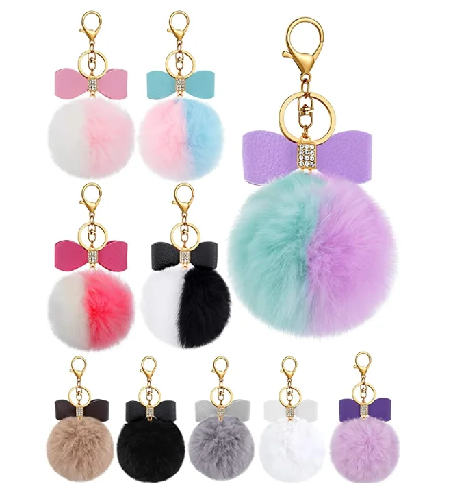 Wholesale Cute rhinestone bowknot Pom Pom Keychain bulk Bow Small Fluffy Ball Key Chains Faux Fur Ball Key rings for Girls Women