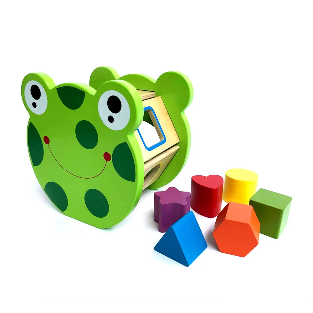 Wooden Toddler Frog Shape Puzzle Sorting Cube Toy Box Children Montessori Shape Sorter Toy