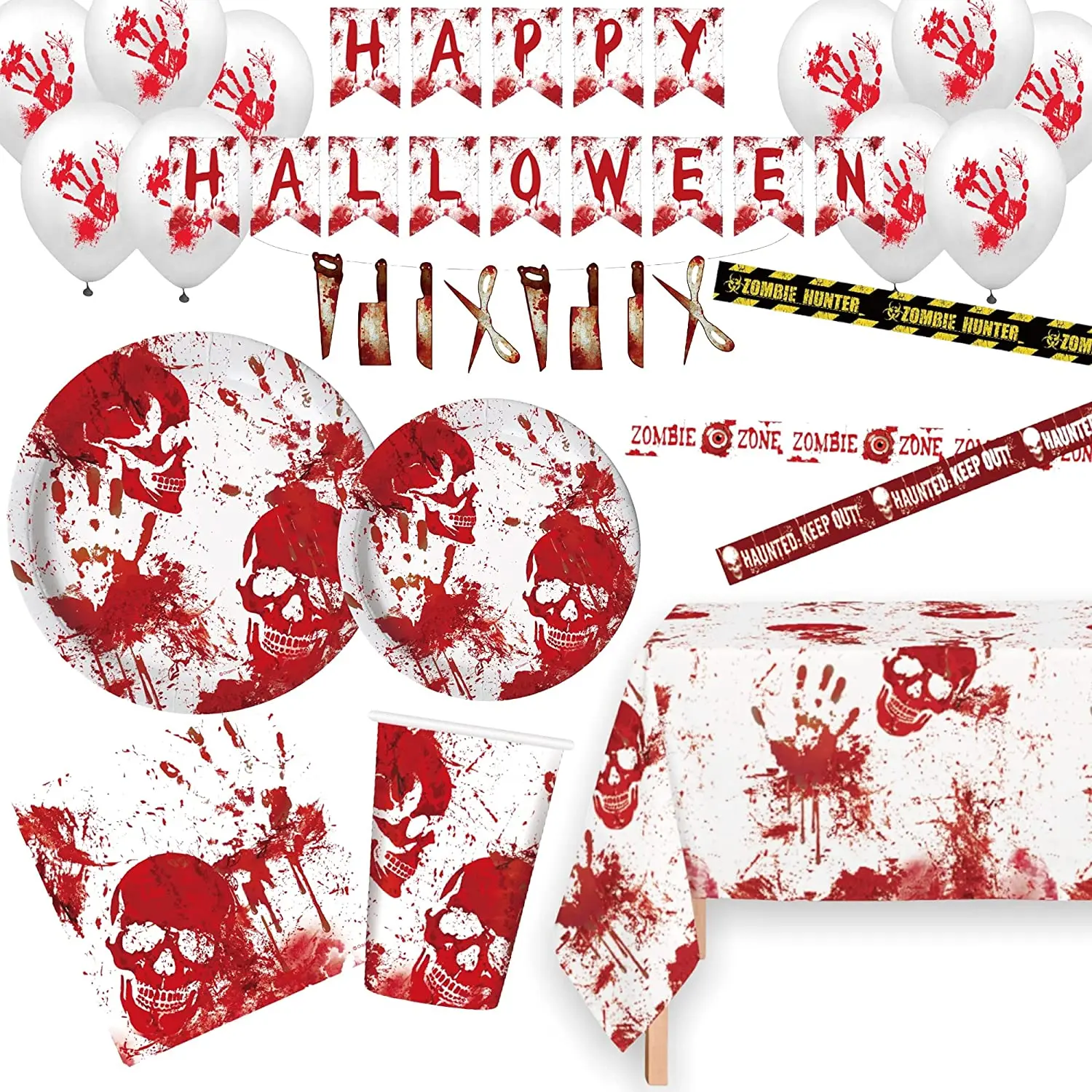 Serves 24 Complete Party Pack Bloody Halloween Paper Plates Cups 3 Ply Napkins , Happy Halloween Banner,Halloween Party Theme