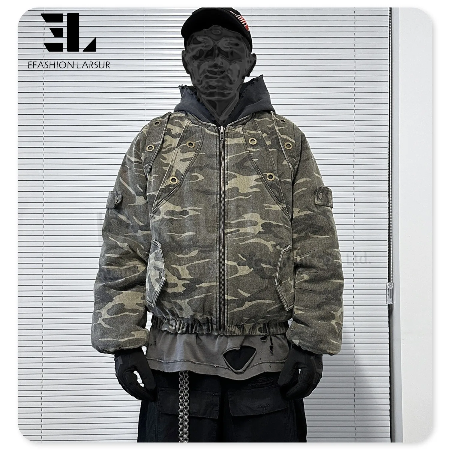 LARSUR Custom clothing manufacturer distress wash camo denim bomber racing jacket short biker motorcycle denim jean jacket men