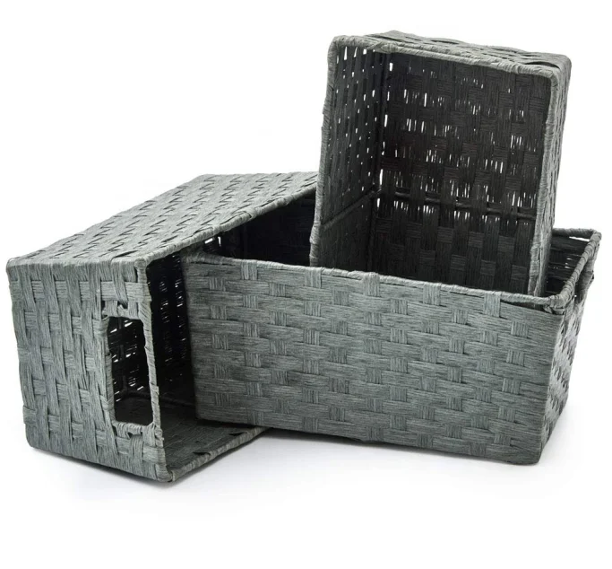 Pack of 3 Paper Rope Woven Storage Baskets Multipurpose Organizer Bins Boxes with Handles for Shelf, Bathroom