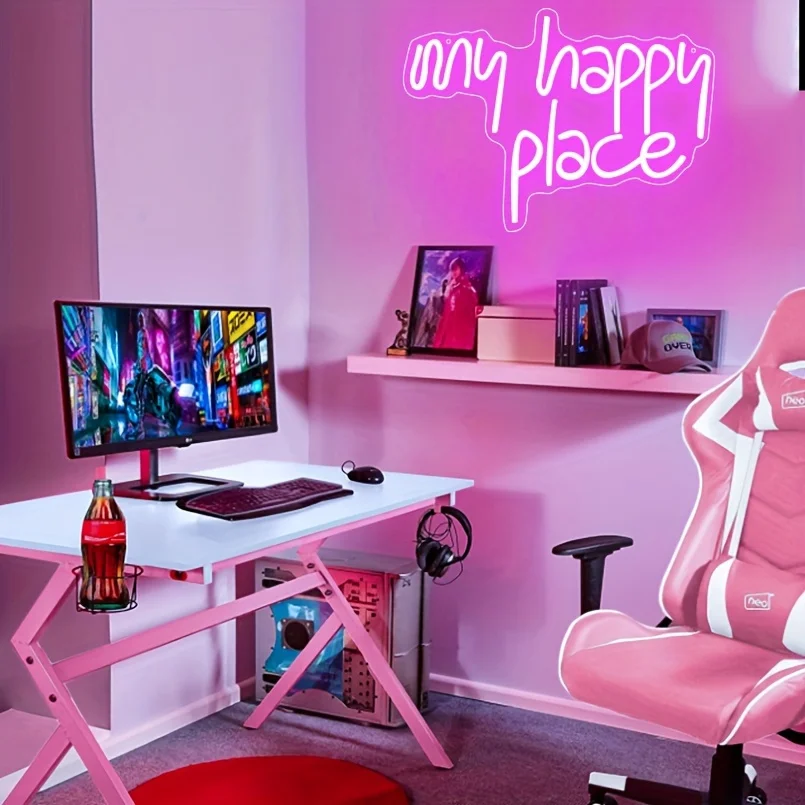 1 pc My Happy Place Neon Sign LED Light up for Wall Decor Pink Neon Lights Neon Letters Room Aesthetic Accessory
