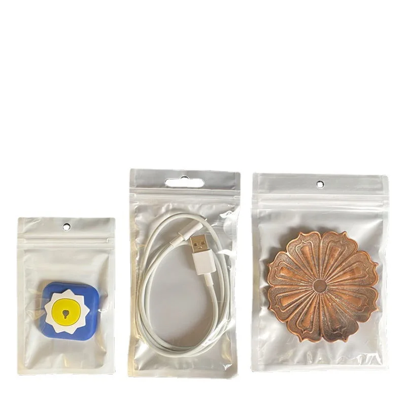 Stock wholesale custom front transparent back white reusable zipper plastic bag with hanging holes