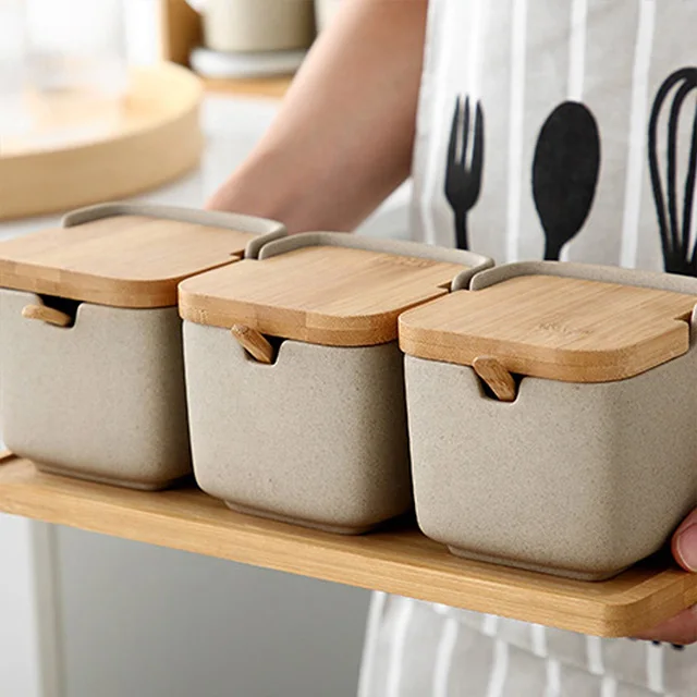 Vietnam Kitchen Food Seasoning Pot Japanese Style Storage Bottles Jar Sets With Seal Wood Bamboo Lid