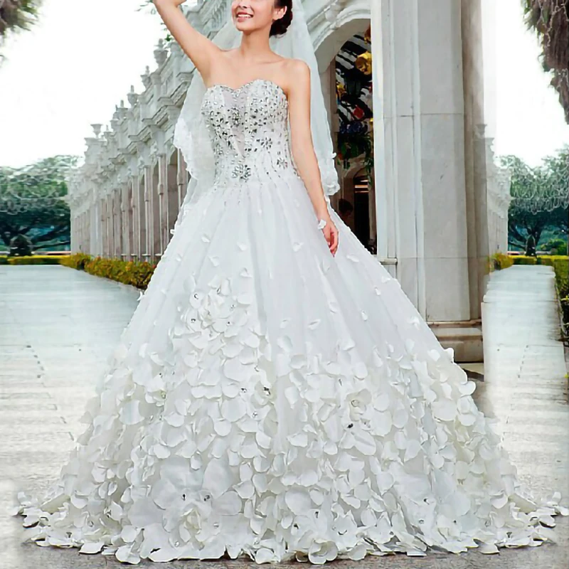 KDG Customized Colors Chinese Wedding  Long Train 3D Flowers Strapless Royal Train Beaded Red Lace Cathedral Wedding Dress gowns