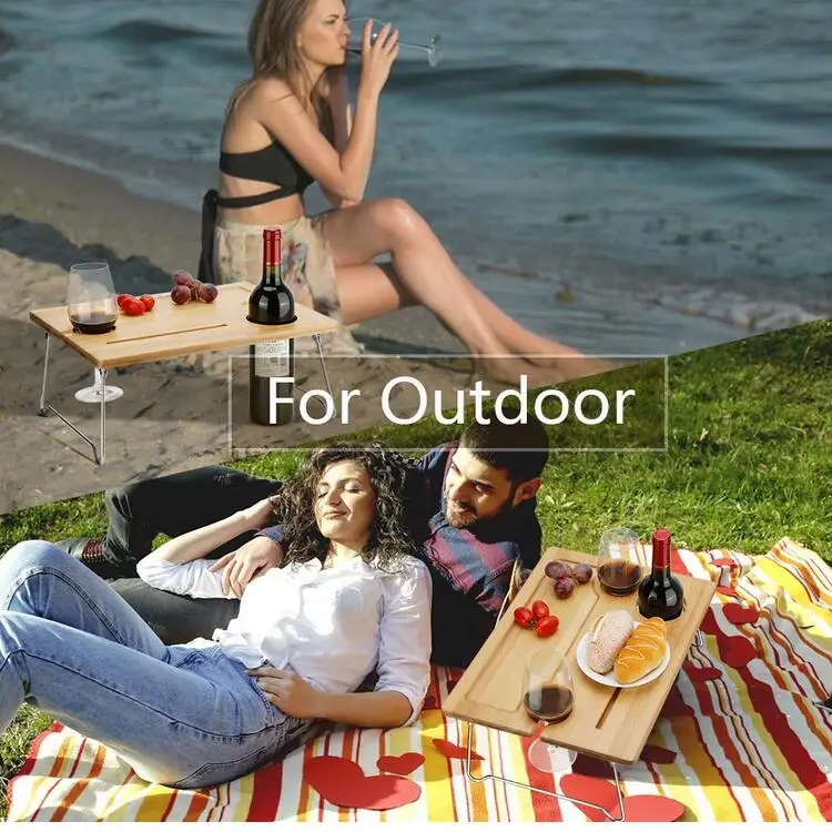 Portable folding legs bamboo breakfast bed table snack tray with wine bottle glass holder for outdoor picnic beach park