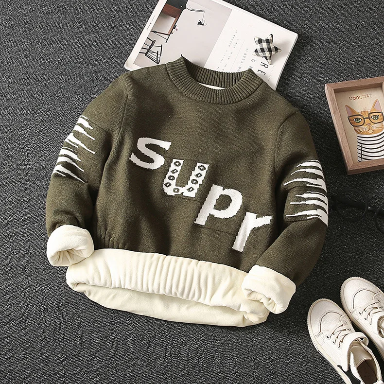 
Winter thick warm fleece inside round neck boys knit print children sweater 