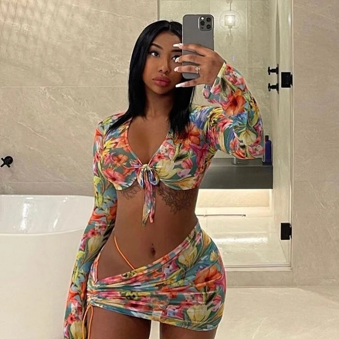 sexy Mesh Sheer 3 Piece Set Club swimwear Outfits Women Beach Vacation Summer Clothes Crop Top Skirt Matching Sets