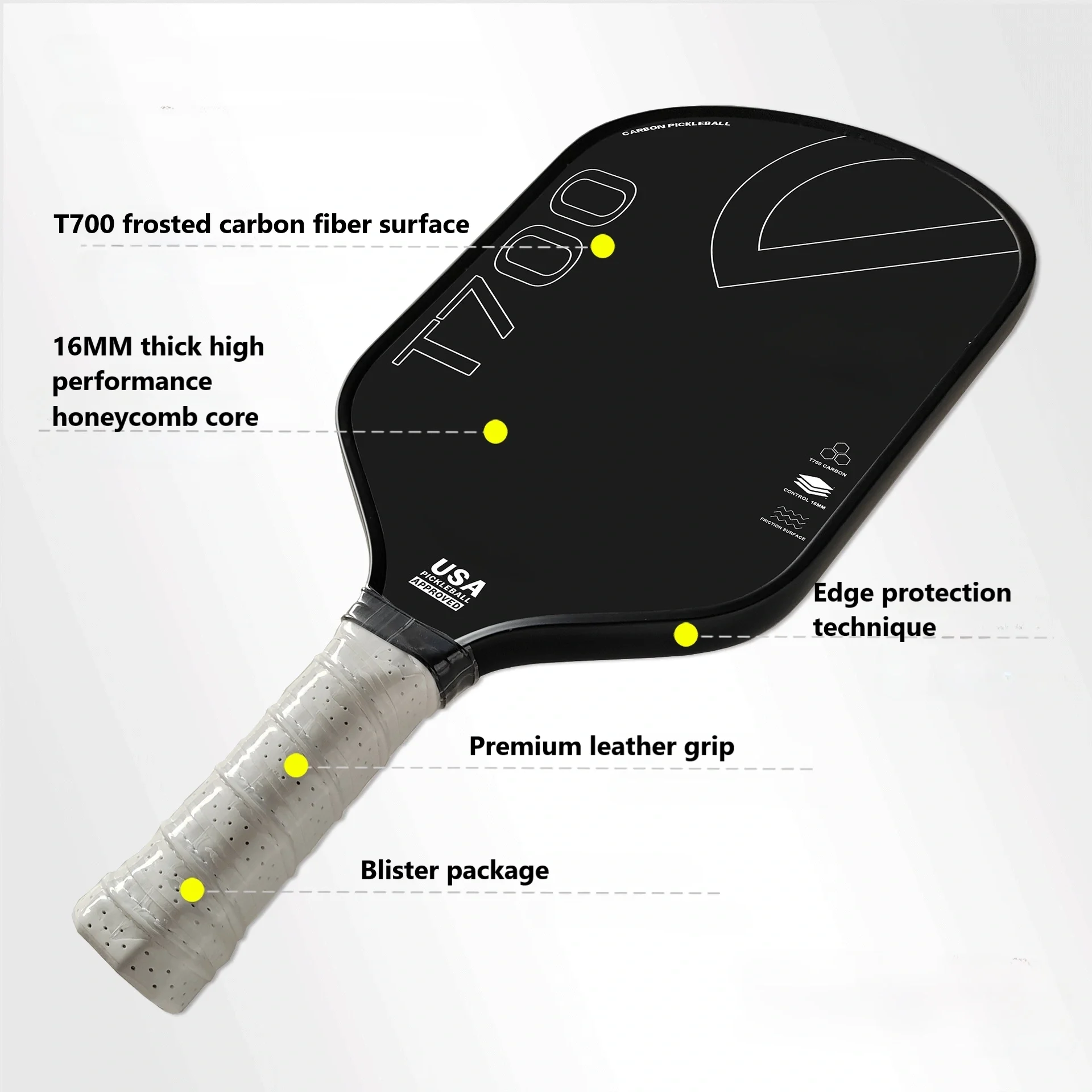 T700 New Arrival Toray Carbon Fiber Pickleball Paddle with Polypropylene Honeycomb Core