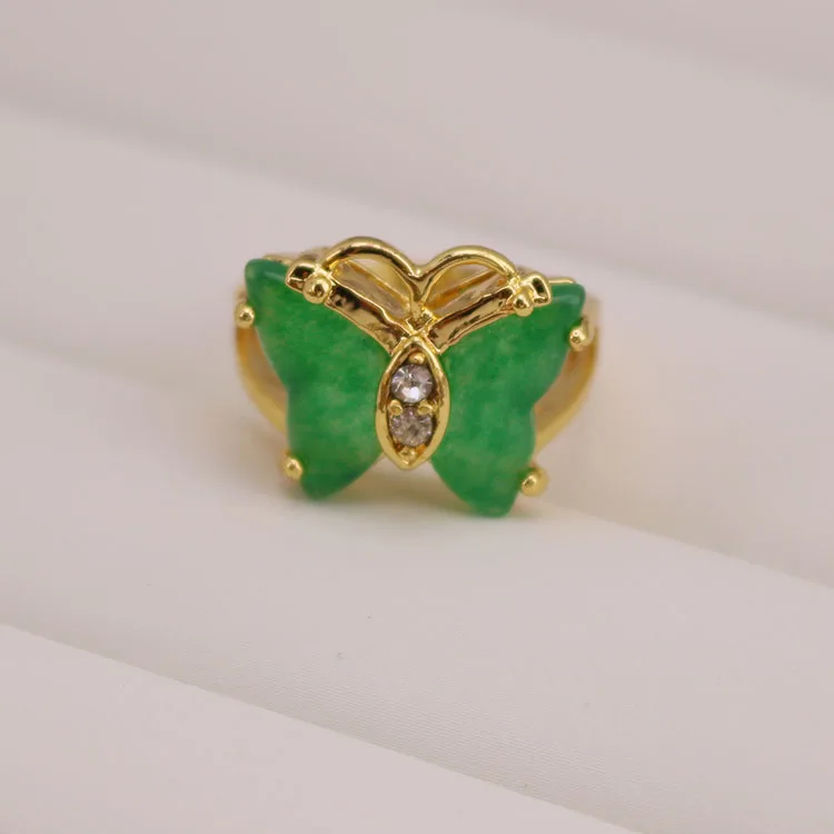 RN1063 18K Gold Plated CZ Micro Pave Natural Green Jade Band Rings
