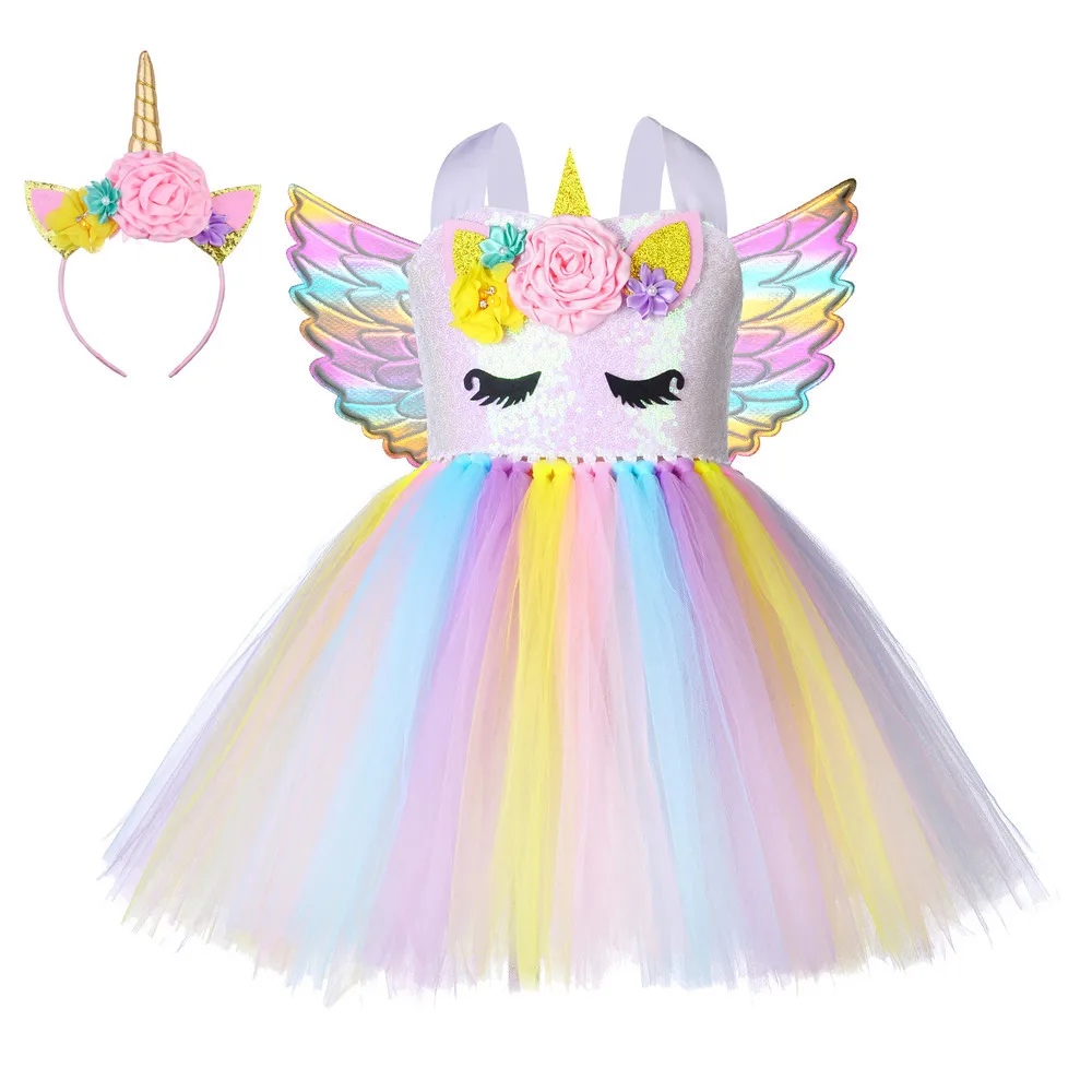 Fashionable Unicorn Mesh 2 To 12 Years Summer Party Tutu Dresses For Baby Girls