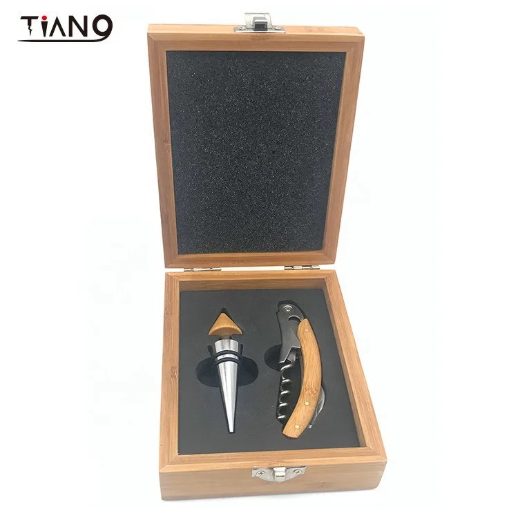 Wine Gift Tool Set of 2pcs wine accessories in Bamboo Box opener corkscrew stopper