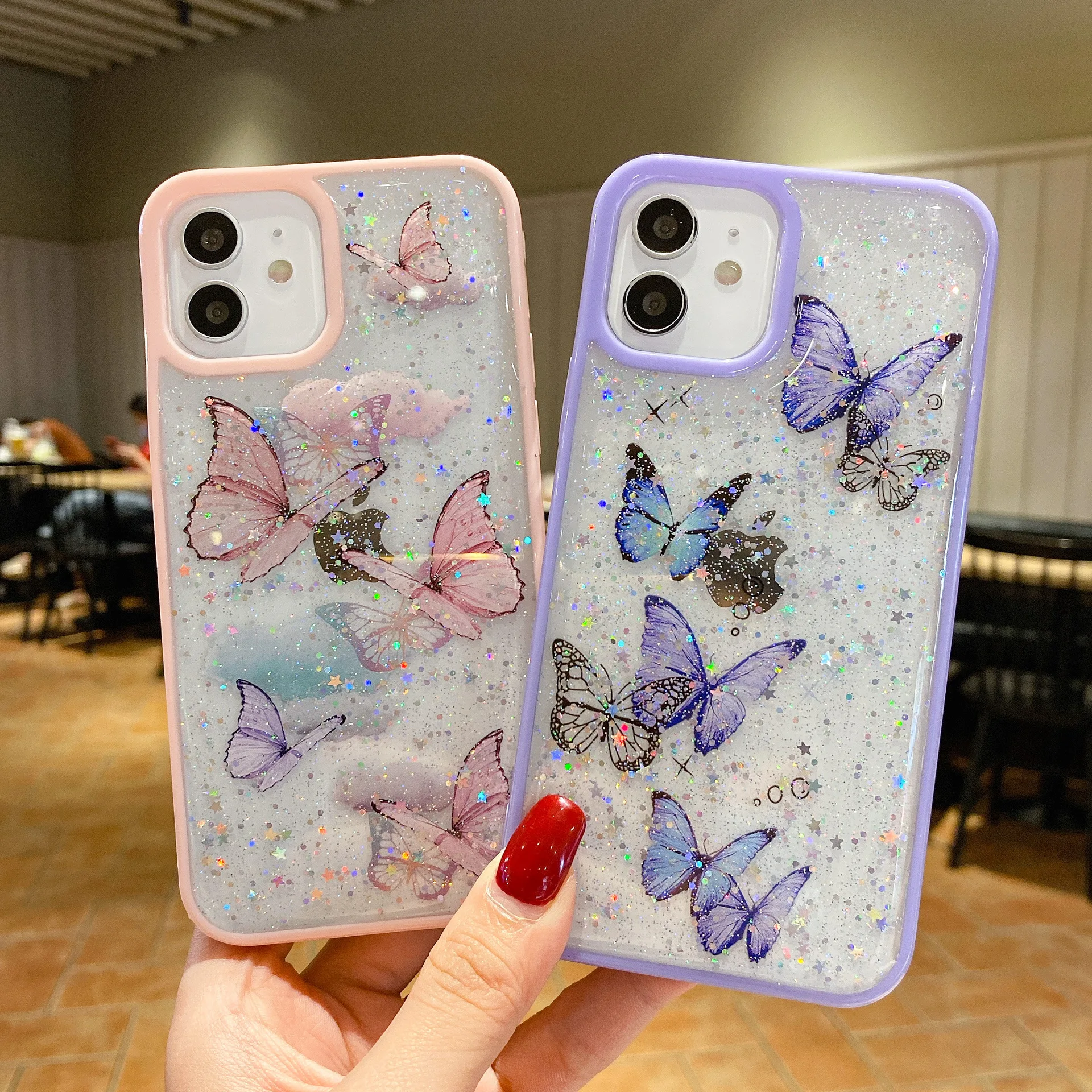Soft Shockproof Bumper Crystal Acrylic Back Cover For iPhone Max 7 8 Plus 11 12 13 Pro Max Girl Glitter Butterfly Phone Case
