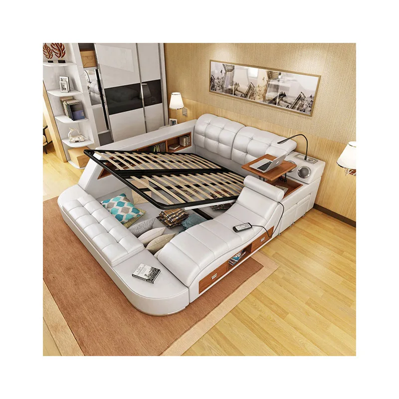 Factory Wholesale Leather Multifunctional Luxury Beds Wood King Size Upholstered Bed Frame Queen Adjustable Lit With Massage