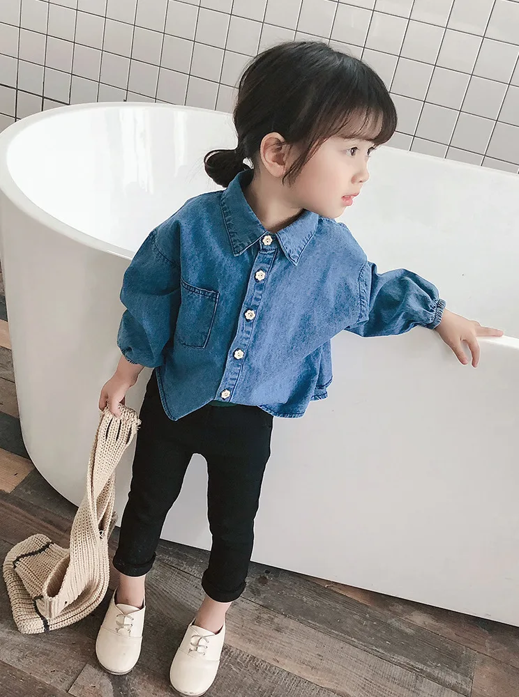 
Factory Wholesale Cute Bowknot Belt Design Button Down Casual Blouse Puff Sleeve Girls Shirt Kids Denim Shirts 