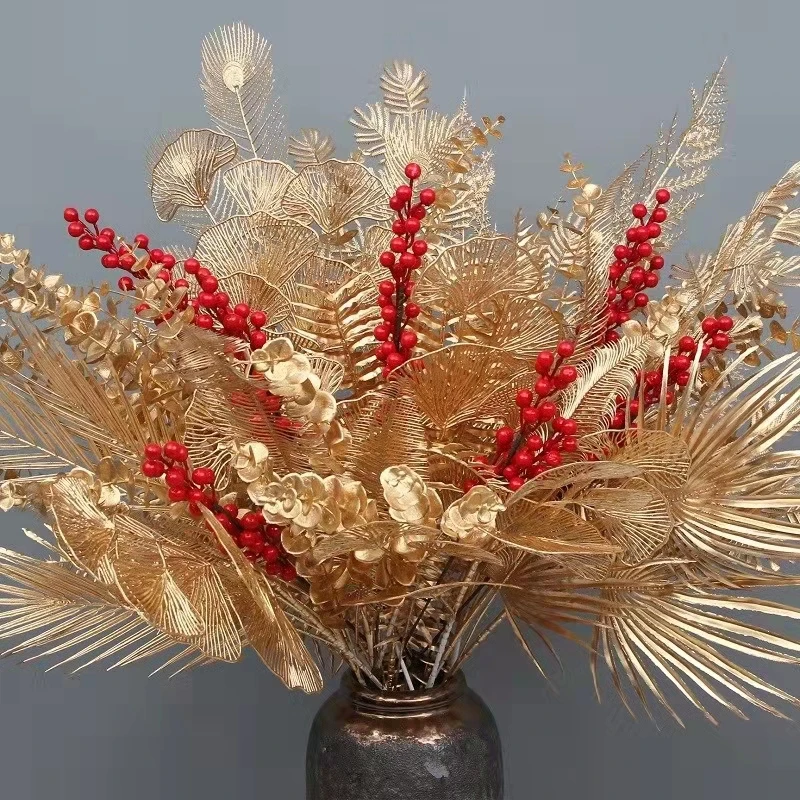 Golden Flower Fake Gold Plant Bush Grass Greenery Party Wedding Decorations Artificial Plants Golden Leaves