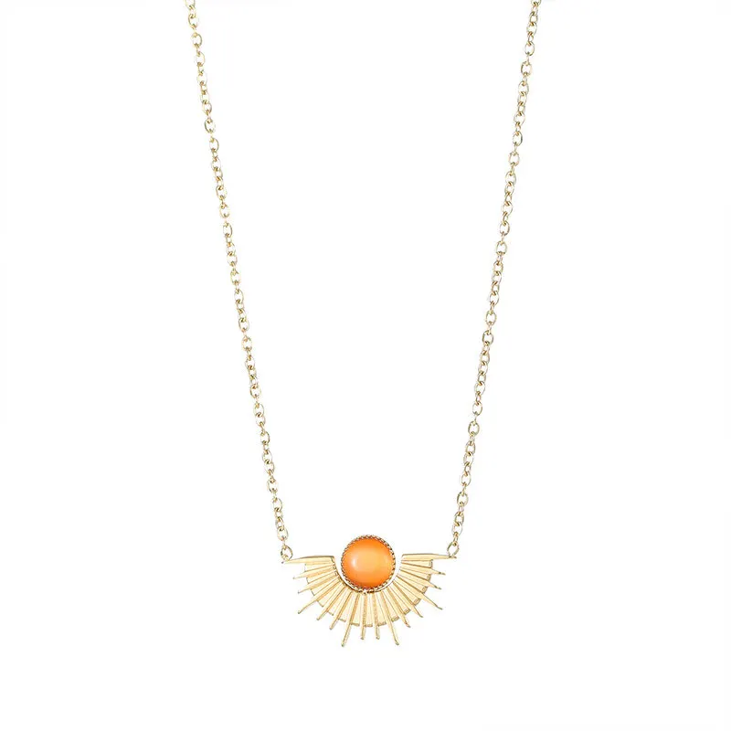 N042-003 Halo European style nature stone ellipse sunflower charm stainless steel necklace