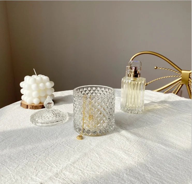 Empty wholesale 8oz clear geo cut diamond crystal glass candle candy jar container with box