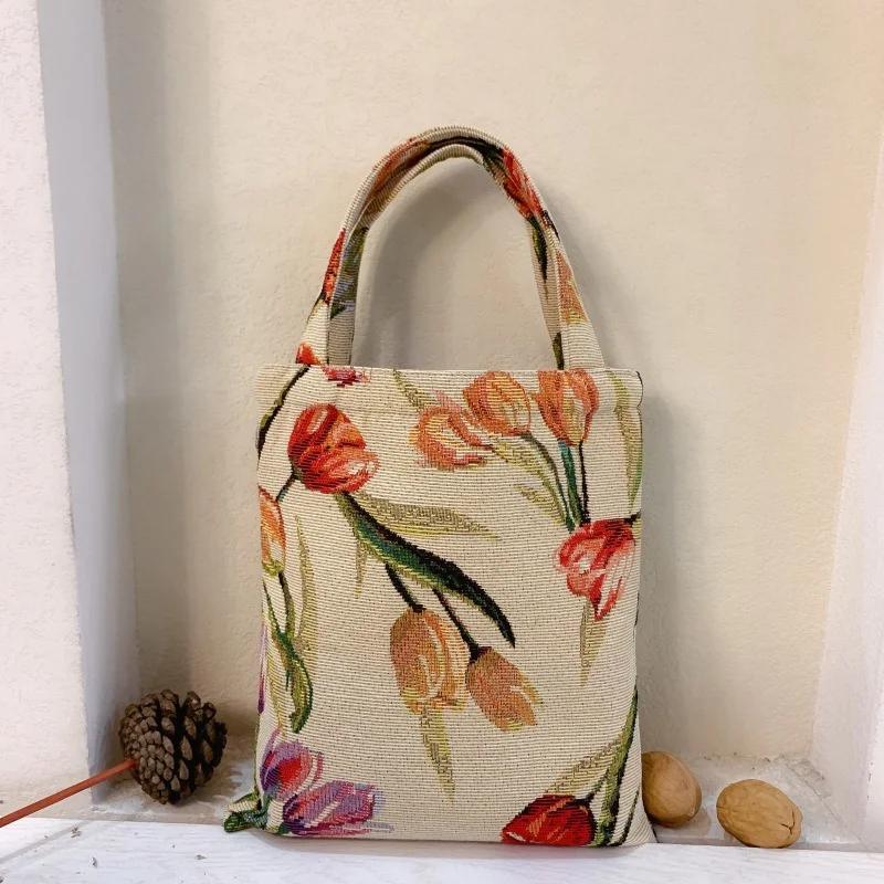 vintage oil painting style calico tulip jacquard factory eco-friendly women tote bag cotton canvas