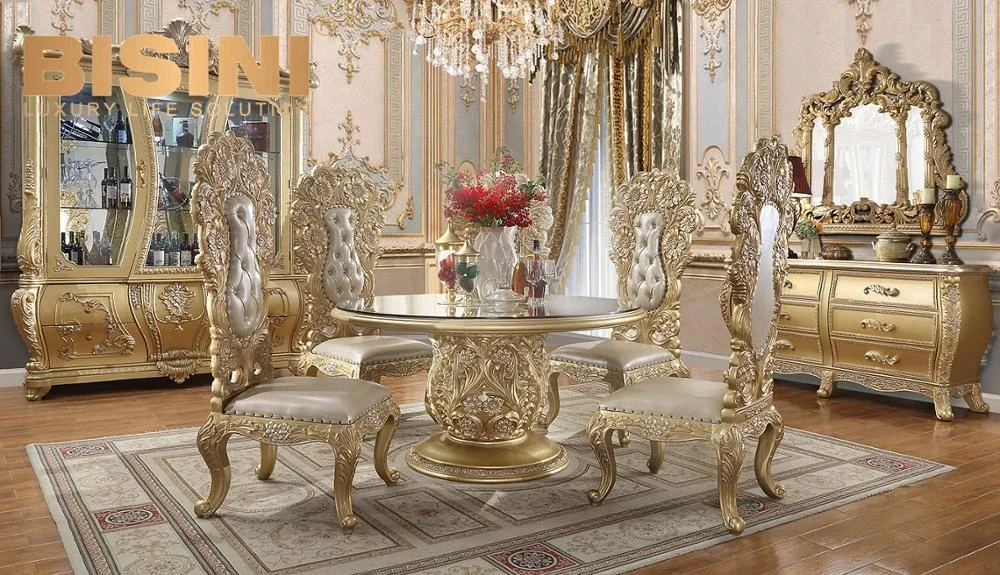 Роскошный Металлический античный золотой Королевский обеденный стол Rococo с 8 стульями