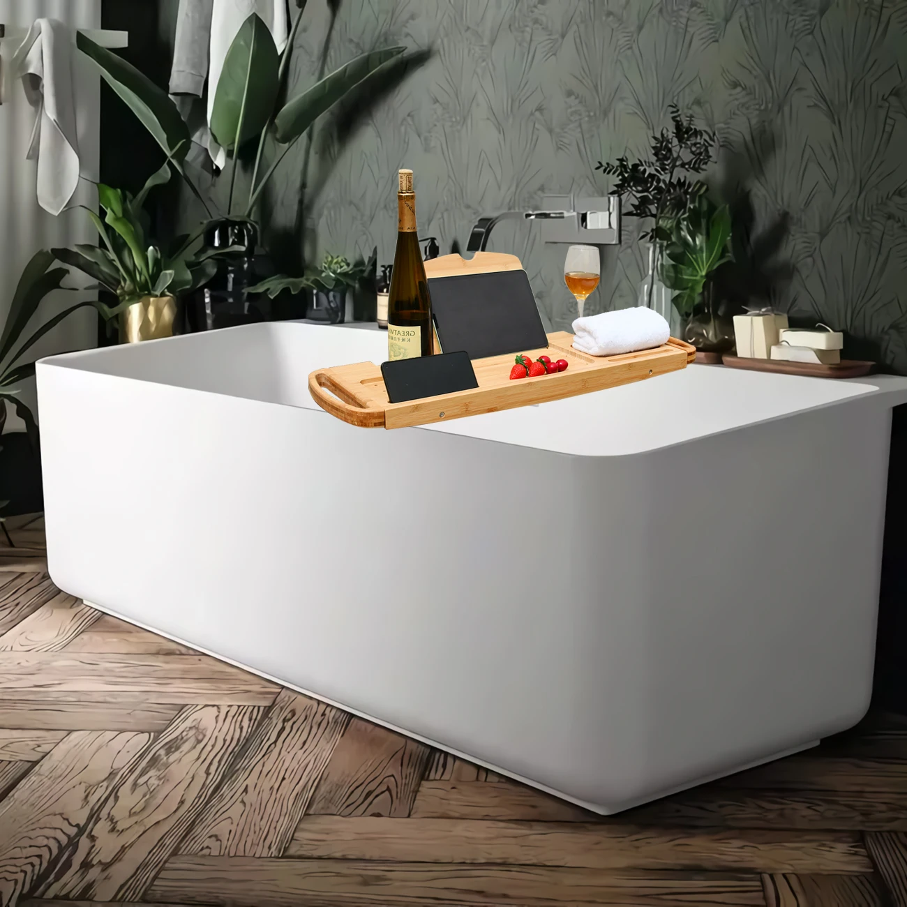 Натуральная бамбуковая деревянная Водонепроницаемая Ванна Caddy и поднос для кровати со складными выдвижными дужками канавки устройства