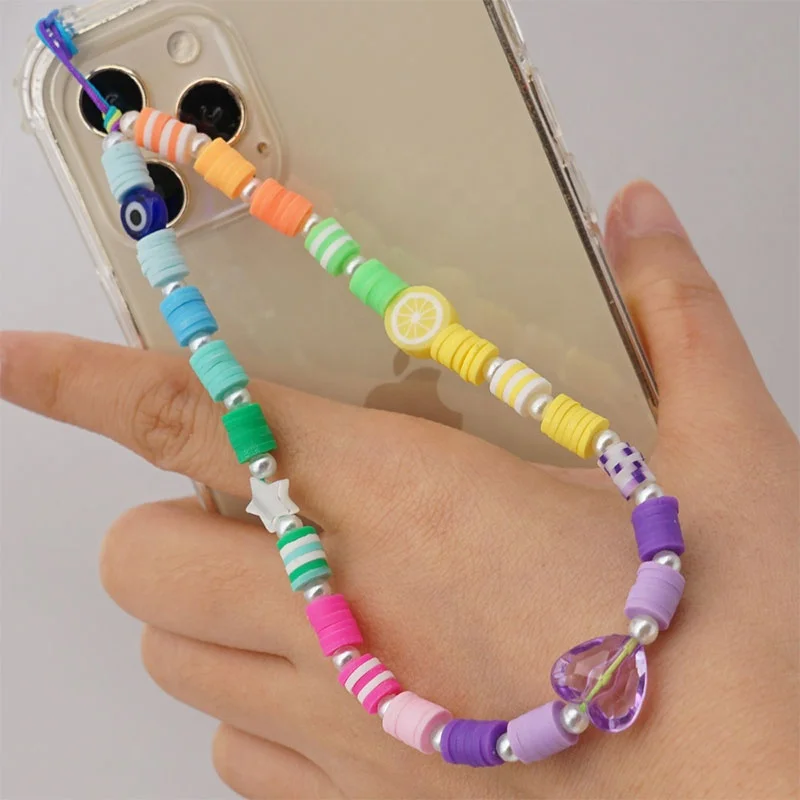 New Design Color Gradient Soft Ceramic Mobile Phone Chain White Imitation Pearl Acrylic Transparent Peach Heart  Phone  Strap