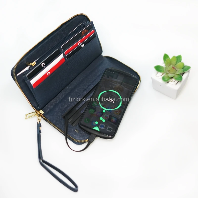 2022 Wallet Leather Zipper Close Portable Wireless Charging Smart Power Bank PU Leather Long Wallet for men