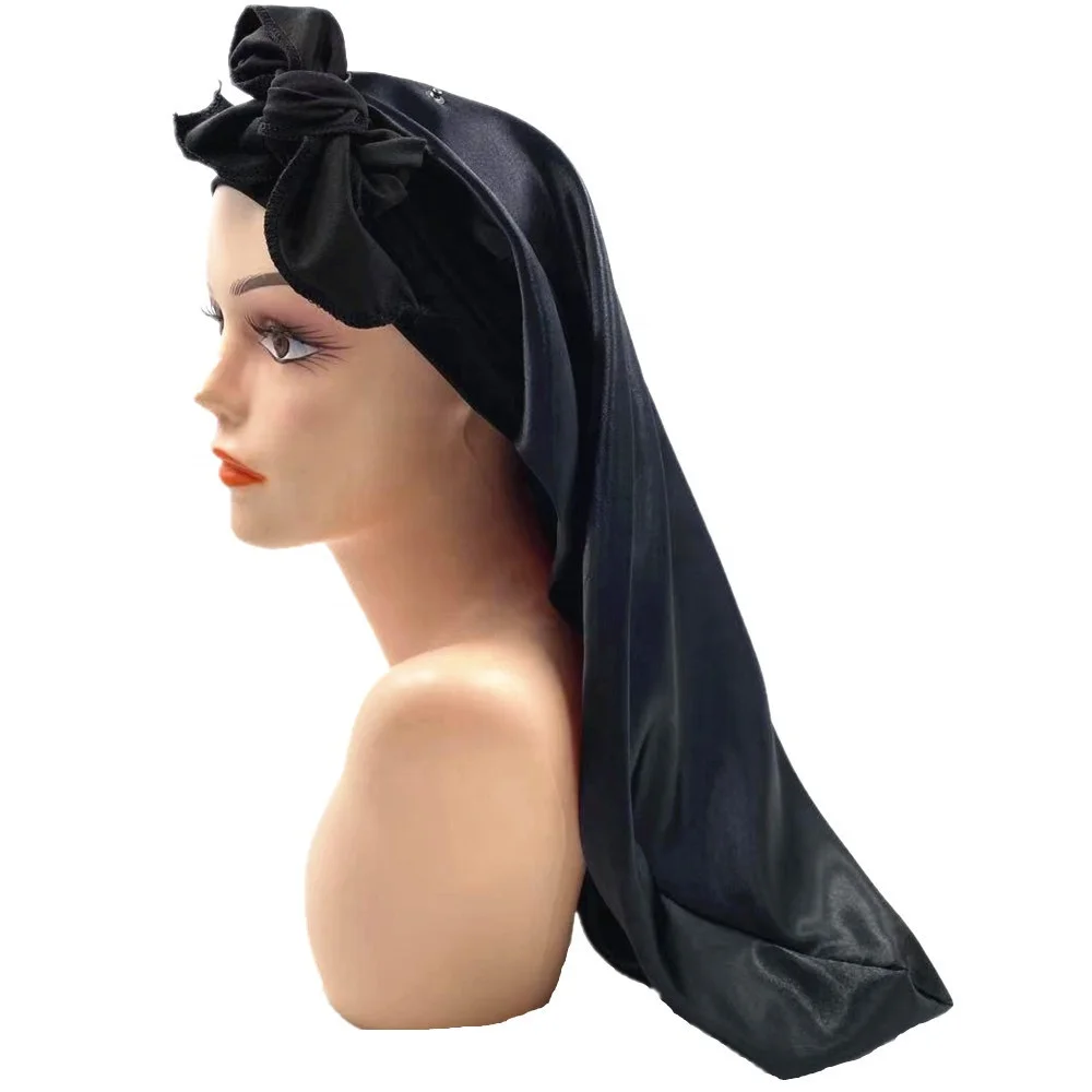 Wholesale Custom Logo  Women Long Bonnets With Wrap Silk Satin Tie Bonnet For Braid Hair braid bonnet with snap