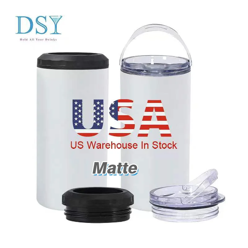 US Warehouse stocked hot sales 16oz double wall stainless steel sublimation blanks can cooler for soda liquor beer with 2 lids