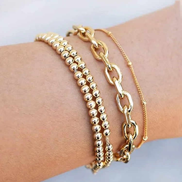 High Quality Hematite Bracelet for Women Easy Wear 14K Gold Plated Bead Ball Stretchy Elastic Bracelet