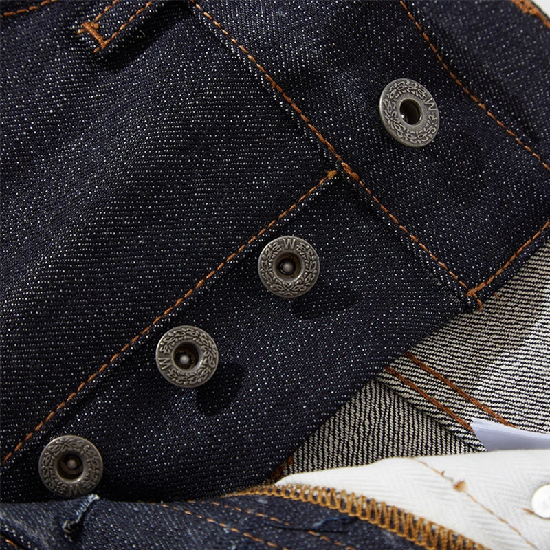 High Quality Japanese Selvedged Heavyweight Denim 15 oz Buttons Closure Dark Blue Straight Leg Cargo Jeans Trousers For Men