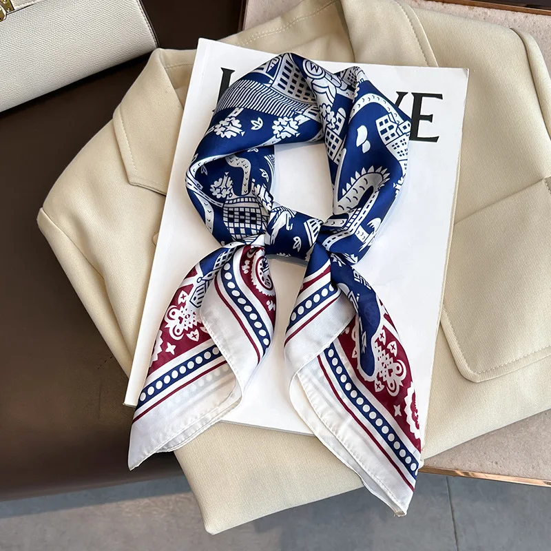Hot sell new flower printed small square silk scarf neckerchief for women 70*70cm geometric pattern hair scarves silk bandanas