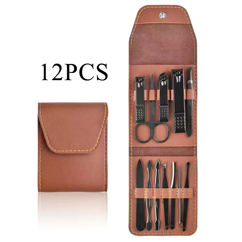 Free Sample 7/12/16PCS PU Leather Black Nails Kit Nail Tool Uv Lamp Professional Cutter Set De Manicure