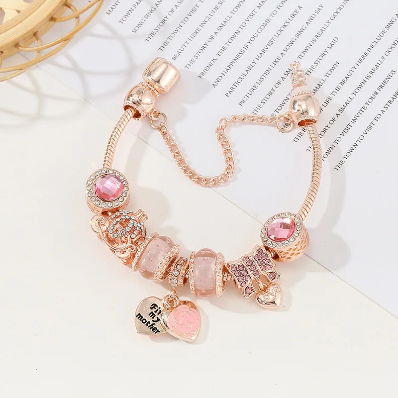 Love Gift to Mom Original charm bracelet  Pink Rose Heart Charm fit Rose Gold Snake Bead Bracelet