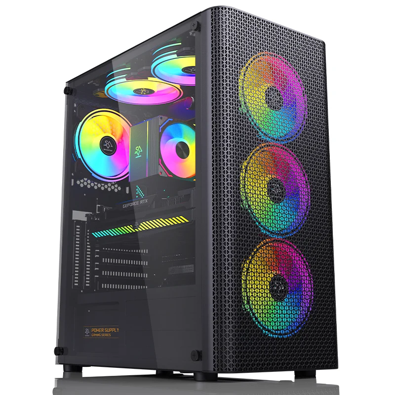 SNOWMAN  ATX Mid Tower Gaming Computer PC Case  with Tempered Glass Front Airflow Mesh Up to 8x120mm Fan with 240mm AIO/Radiator