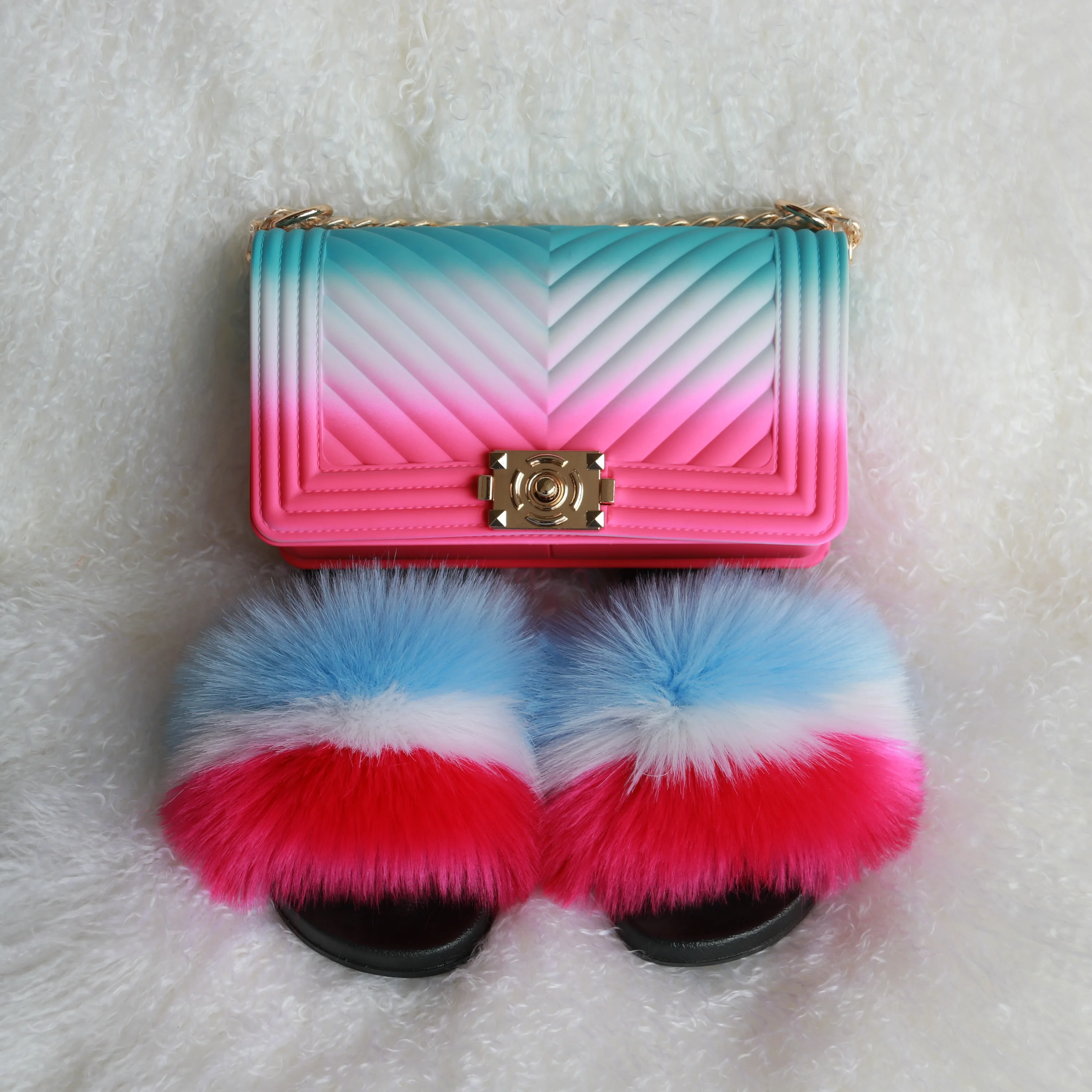 PVC sole faux fur slippers jelly purse fashion women ladies shoe and bag set