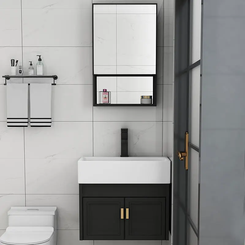 Modern Wall Cabinet Bathroom Sink Customized Style Mirrored Cabinets with Sink Bathroom Vanity Set Cabinet Soft Black Waterproof