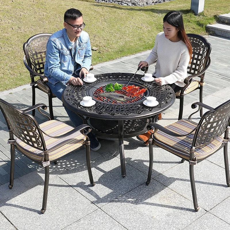 Garden Set Cast Aluminum Outdoor Furniture Patio Dining tavolo da giardino Chair Set Charcoal BBQ Table