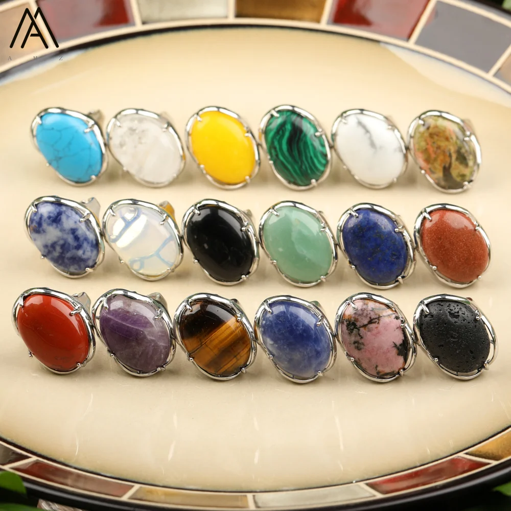 Oval Shape Stone Cabochons Bead Channel Rings , Silver Brass Copper Plating , Adjustable Bands
