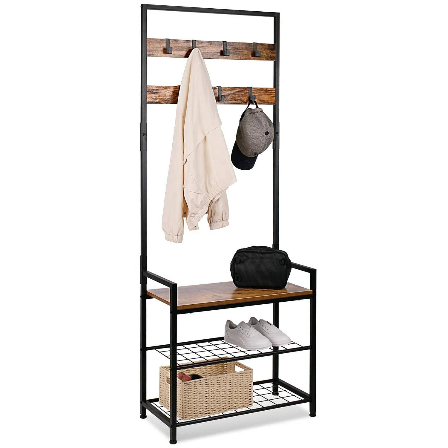 Multifunctional Home Metal Entry Hallway Hooks Hanger 3-In-1 Adjustable Free Standing 3-In-1 Entryway Coat Rack Shoe Rack