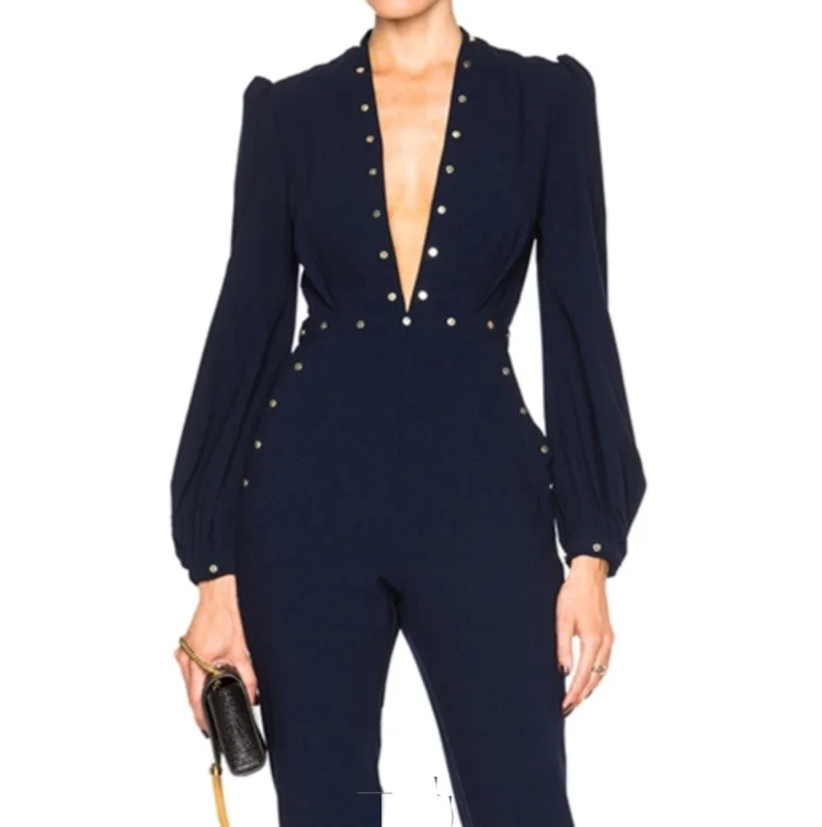 High Quality Custom Deep V neck Navy Lantern Sleeve Slim Sexy Rivet Women Ladies  Jumpsuits  Bodysuits