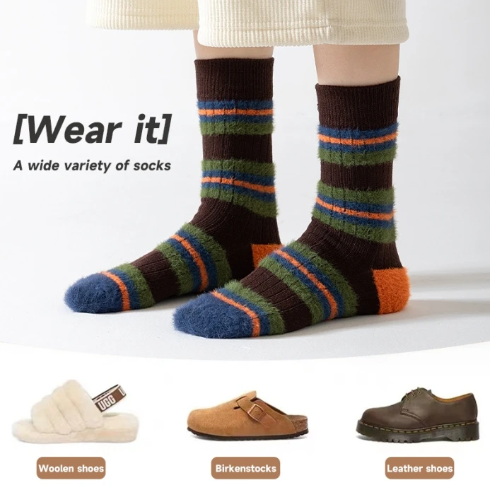 WUYANG FACTORY New design Color Mink Hair Thick Lines Matching Socks Winter Warm Mid-Tube Socks Fuzzy Socks Warm