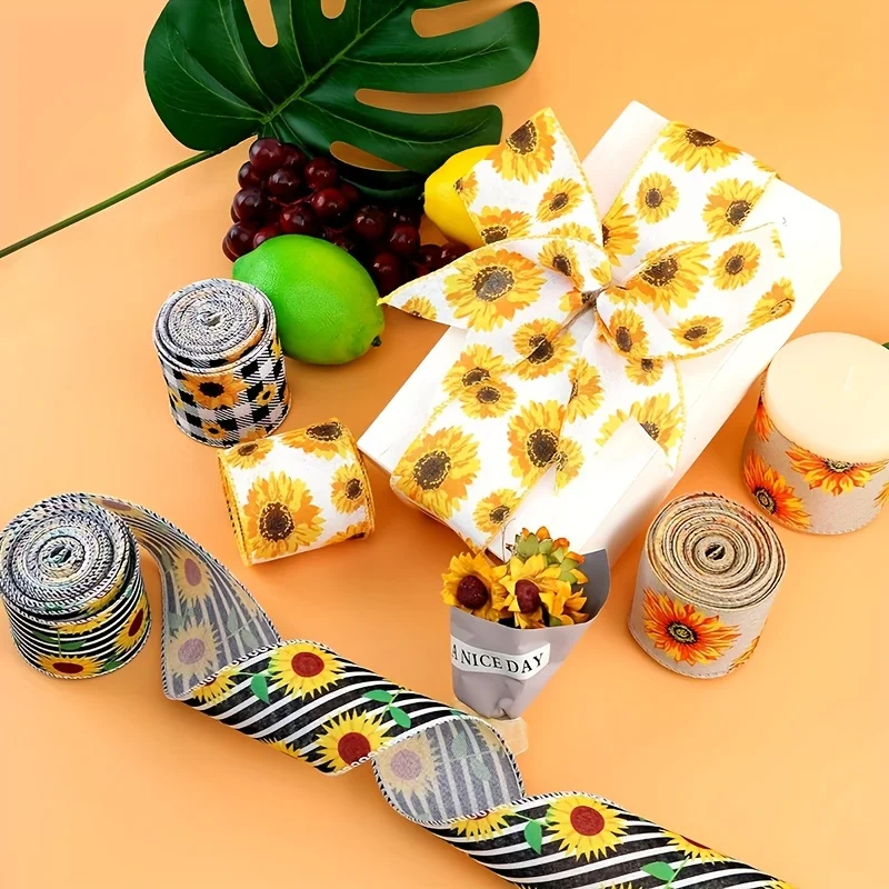 5 rolls 2.5-inch classic sunflower ribbon Idyllic style wired fabric, seasons Universal of versatile holiday streamer