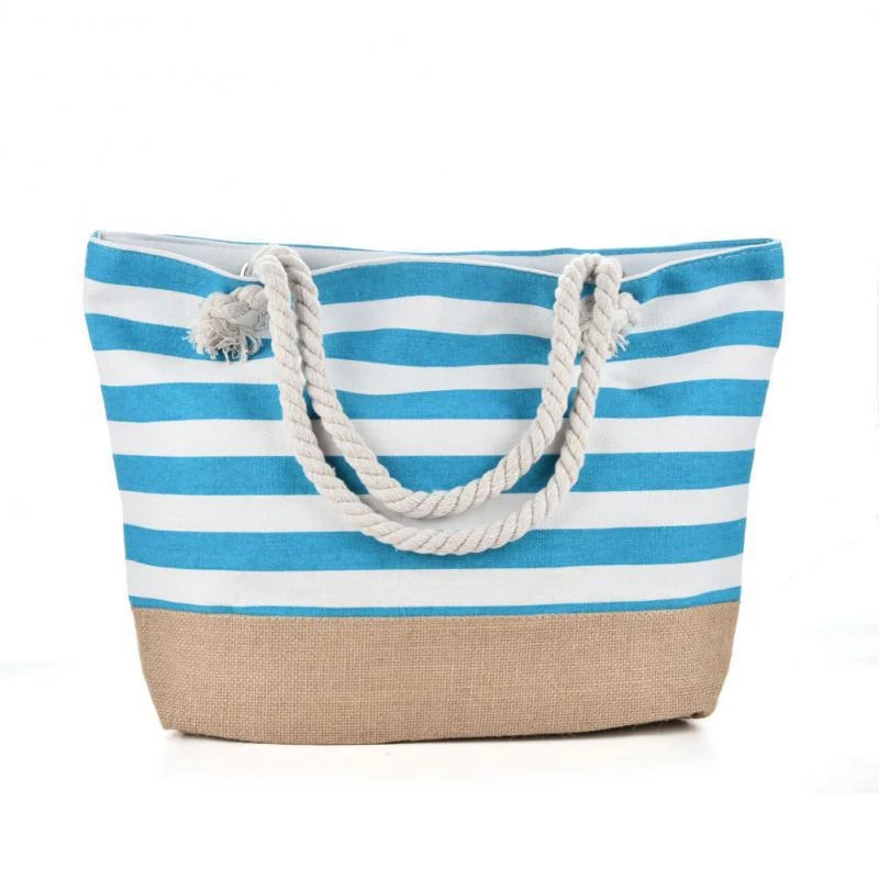 Wholesale Personalized Striped Waterproof Custom Summer Canvas Beach Bag Large Travel Storage Girl Shoulder Bag With Burlap Rope