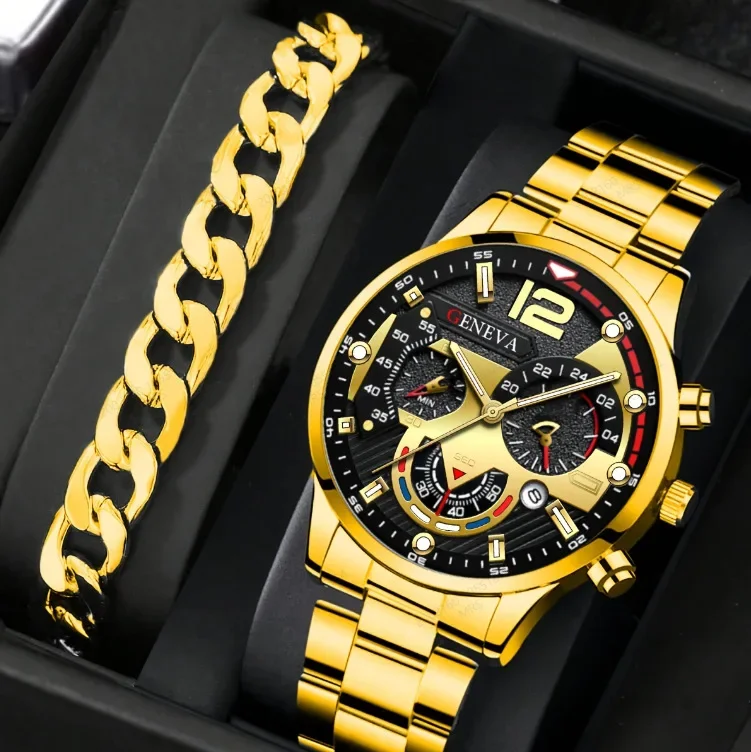 Business Trend Fashion Round Large dial Three eyes Calendar Quartz Watch + Bracelet (2pcs/set)