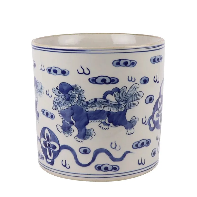 Antique Jingdezhen Blue White Lion Pattern Ceramic Planter Pot Vase Hand Painted Traditional Floor Vase with Personal Tailoring