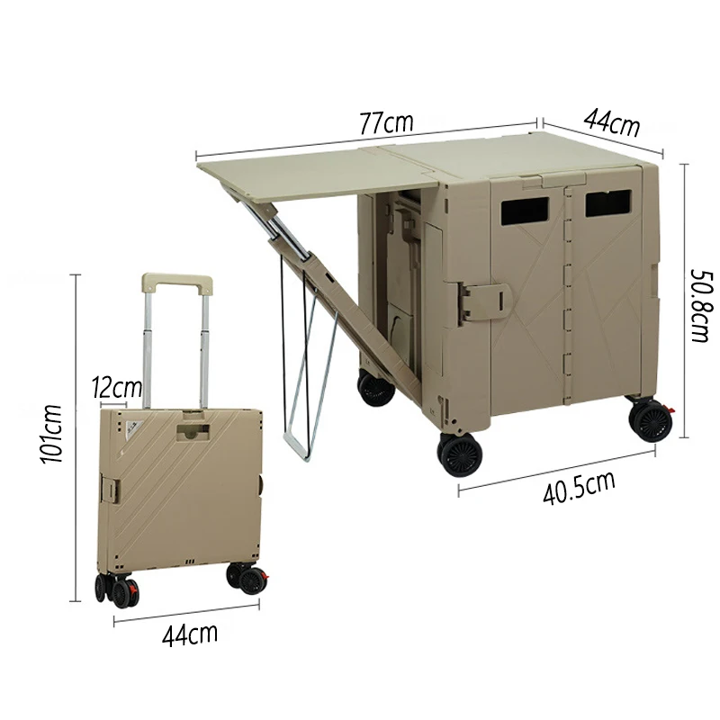 Multi Functional Shopping Cart Foldable Utility Cart Rolling Wheels Table Plate Telescopic Portable Plastic Cart with Wooden Lid