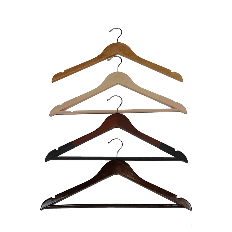 Wuhan New Rainbow High Quality Wardrobe Wood Hangers with Bar Custom Logo Wooden Hanger for Clothes