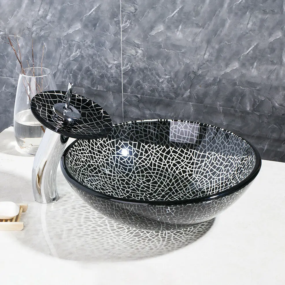 JIENI Bathroom Round Glass Basin Vanity Sink Faucet Waterfall Mixer Tap Set with Silver Drain